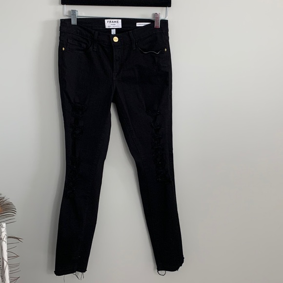 FRAME Le Skinny de Jeanne Crop Ripped Noir Size 27 - Picture 2 of 13